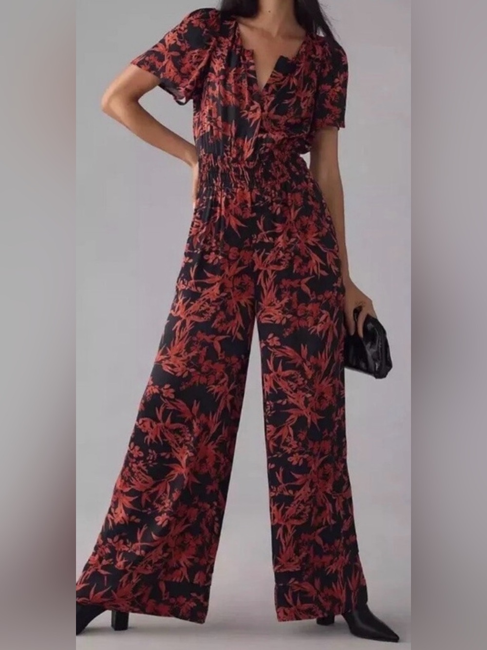 Anthropologie Black Jumpsuit with Red Floral Print Sz Medium